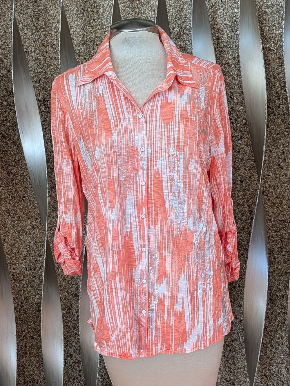 DAVID CLINE snap front nectar ikat top L XL - Picture 3 of 9